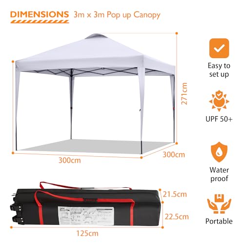 BONTEC 10x10ft Pop Up Canopy Tent, Portable Beach Tent and Instant Shelter, 1-Person Setup, Outdoor Sun Shade, Waterproof Folding Gazebo with Roller Bag and 4 Weight Bags, Silver- Coated Top, White