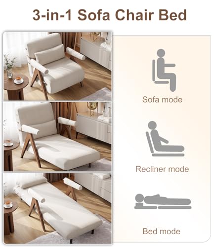 Residential Convertible Sofa Bed Chair,3-in-1 Sofa Sleep Chairs| Adjustable Backrest |Sleeper Chair Pull Out Bed | Living Room/Bedroom/Office | Adults | Beige, White