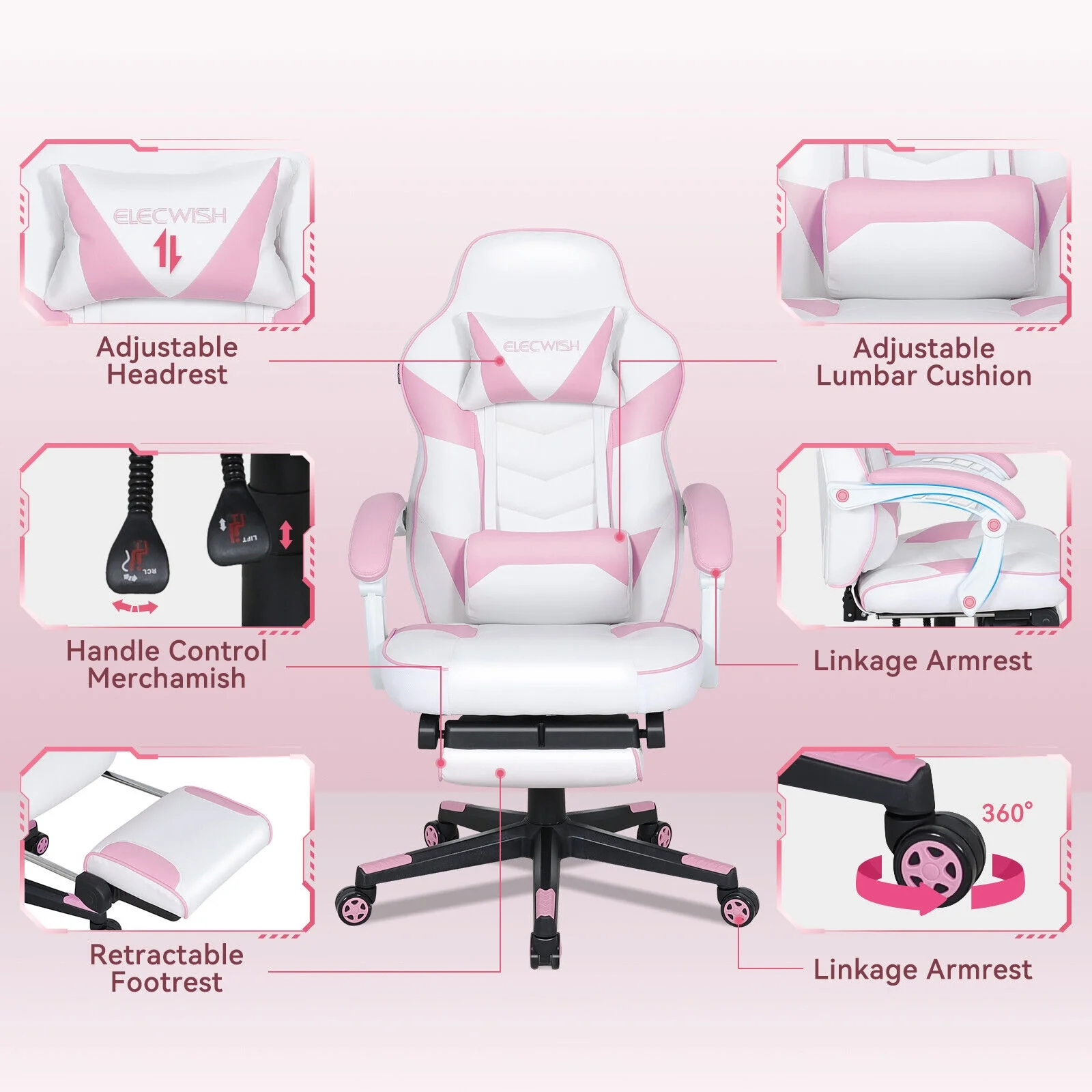 FULLWATT Video Gaming Chair Office Chair Ergonomic PC Computer Chair Reclining Racing Chair with High Back Swivel Executive Office Desk Chair with Extendable Footrest Adjustable Lumbar Pillow Pink