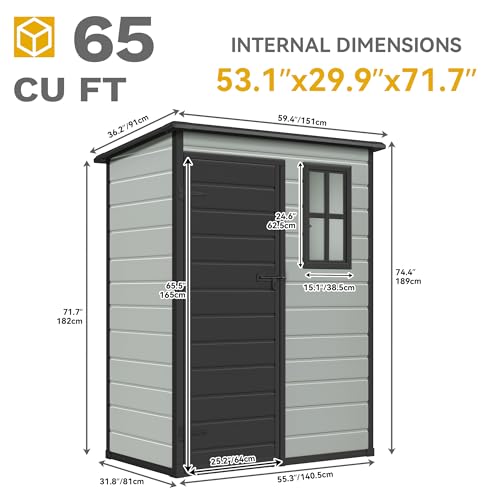 DWVO 5x3ft Resin Outdoor Storage Shed with Floor, Waterproof Lockable Storage Shed with Window, Plastic Outside Tool Storage for Garden, Backyard, Patio, Lawn, Gray