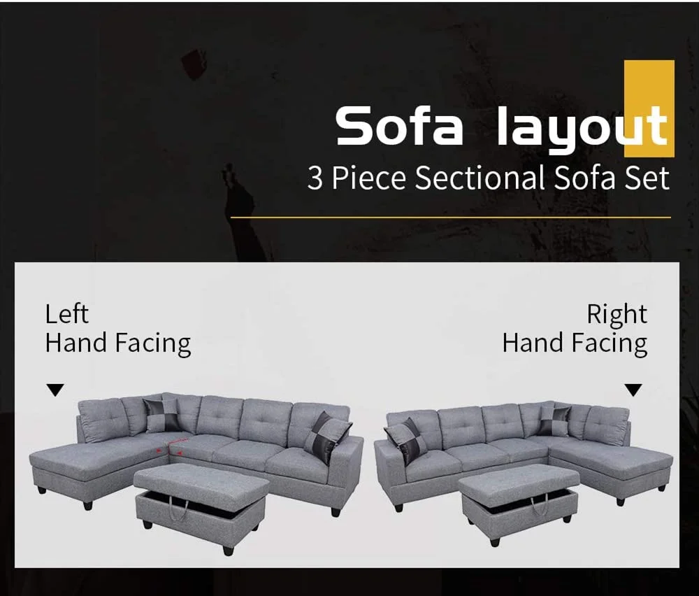 Golden Furniture 3 PCS L-Shaped Sectional Couch Sofa Set, Linen Fabric Living Room Set with Storage Ottoman and Match Pillows