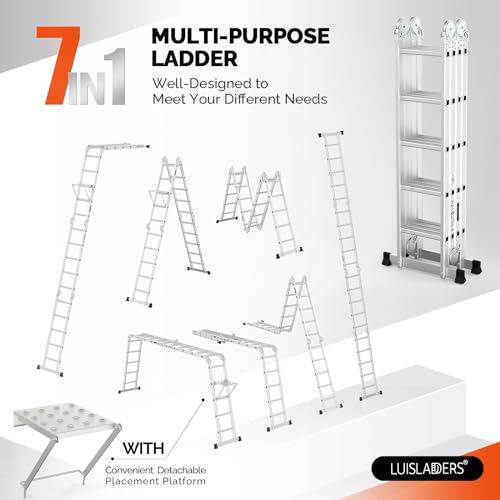 LUISLADDERS Folding Ladder Multi-Purpose Aluminium Extension 7 in 1 Step Heavy Duty Combination EN 131 Standard (12.5 Feet)