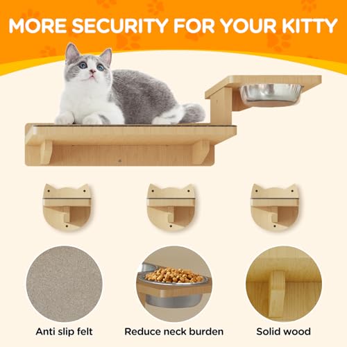 MeowHomm Cat Wall Shelves, Wood Wall Furniture with 3 Steps, Cat Feeding Shelf with 2 Food Bowls, Wooden Bed Furniture Wall Mounted