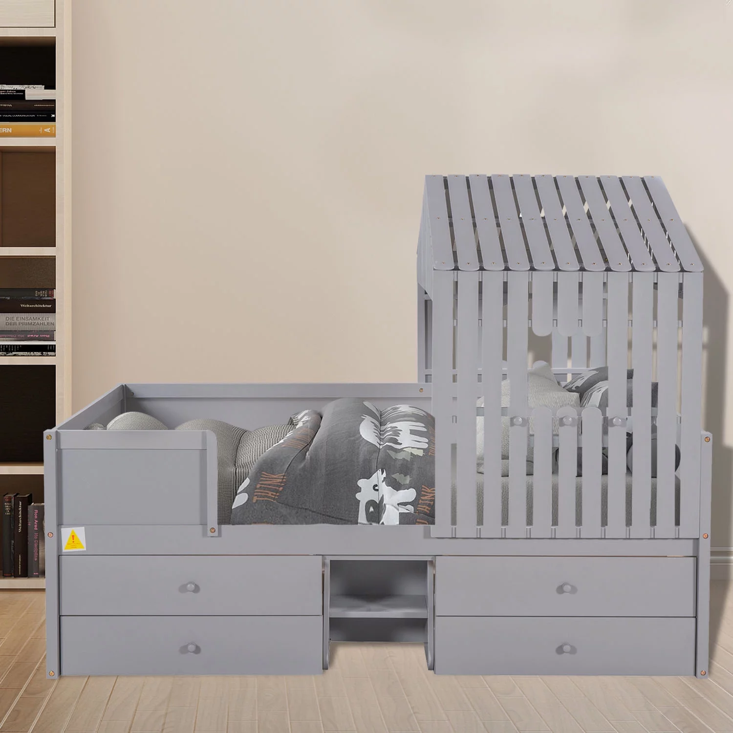 Full Size House Low Loft Bed with Four Drawers, Grey, Dimensions 77.9''L*57.9''W*60.2''H, Suitable for Various Home Environments