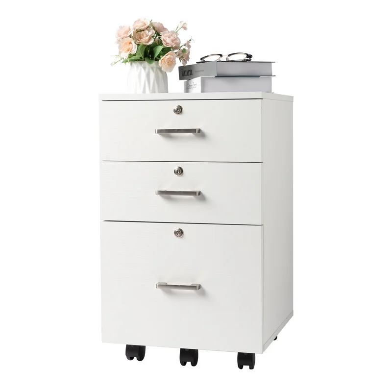 YLCW 3 Drawer File Cabinet with Lock, Wood Grain White File Cabinet for Letter Size File Folders with Tabs, Mobile Under Desk File Cabinets for Home Office, Rolling Filing Cabinet Printer Stand