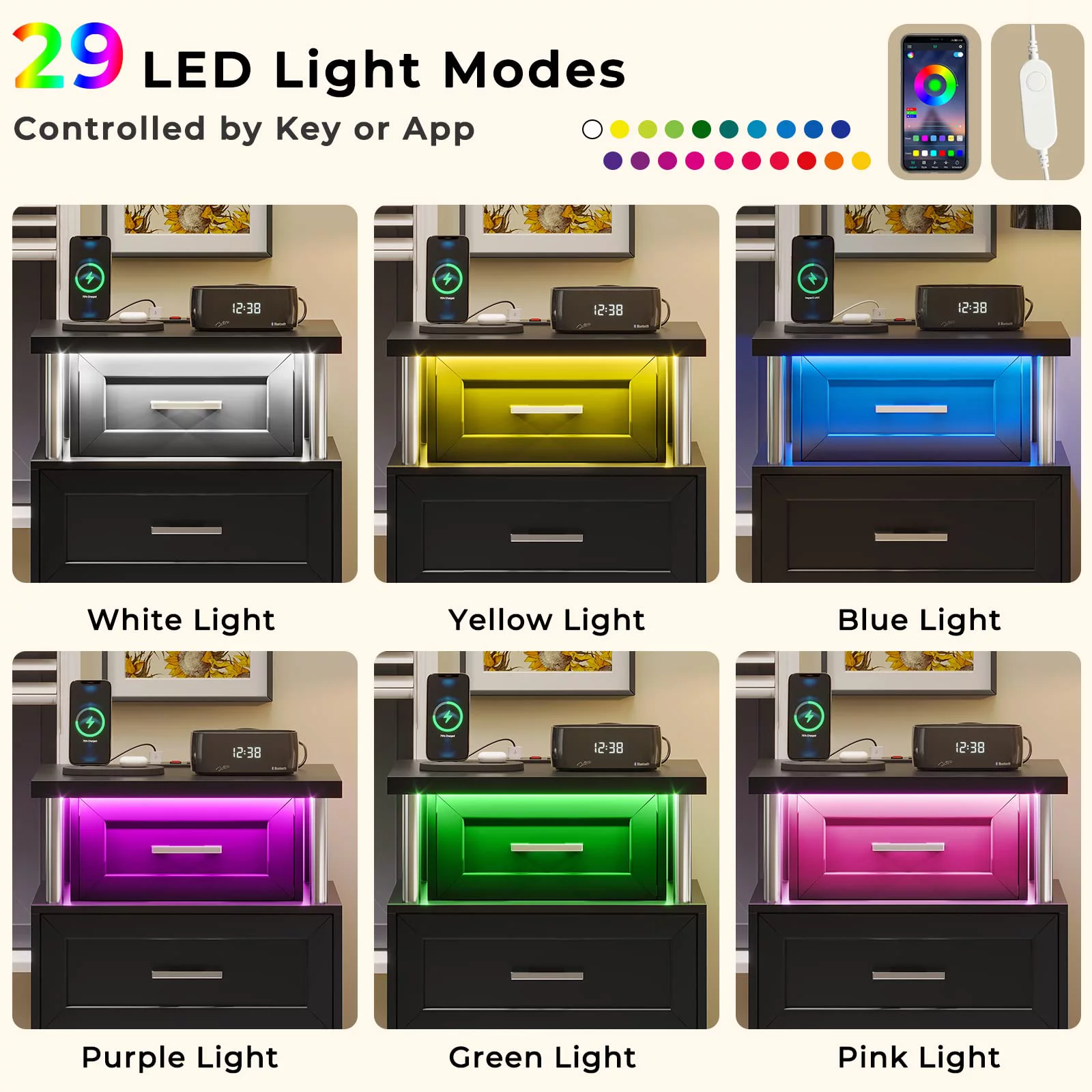 LED Nightstand Set of 2 with Charging Station, Modern End Side Table with 3 Drawer, Black