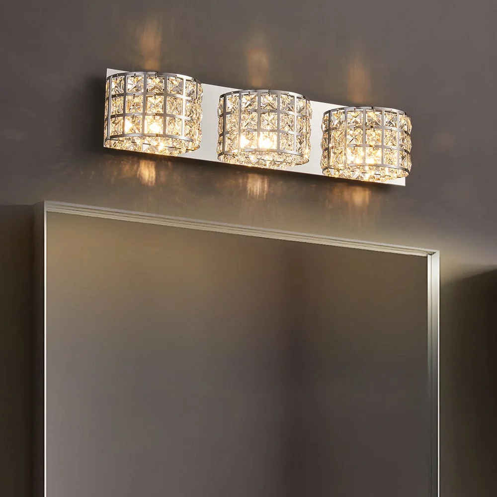 Homary Modern Clear Crystals 3-Light Bath Vanity Wall Light in Chrome