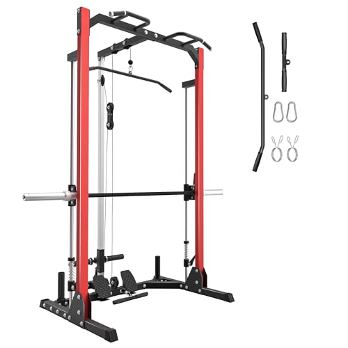 Compact Smith Machine Home Gym - 800lb Barbell Sleeve, Space-Saving Power Cage with LAT Pulldown, Power Rack 5-in-1, 1500lb Capacity for Garage & Small Spaces, P70