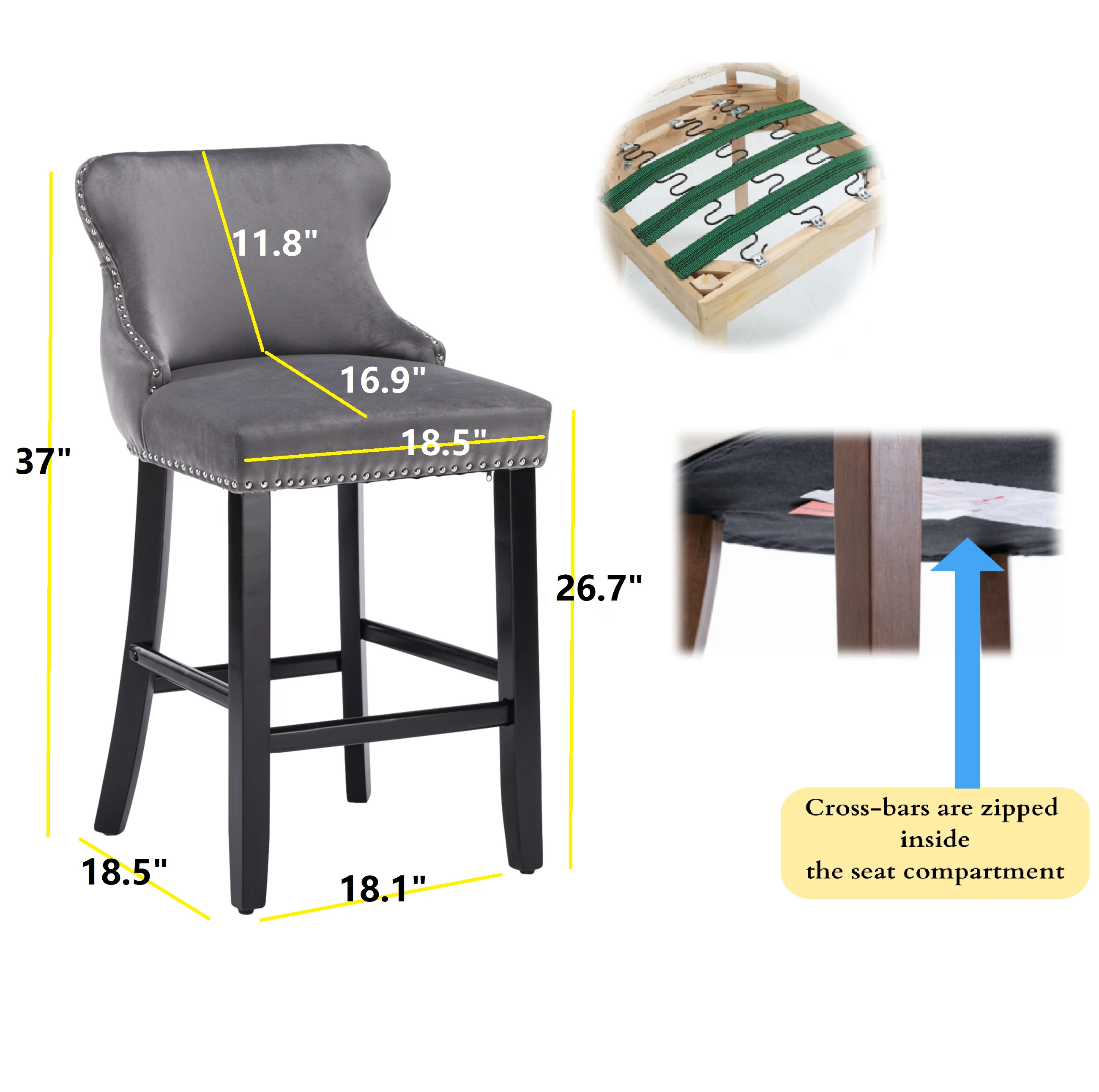 Set of 6 Wingback Upholstered Bar Stools with Nailhead Trim, Velvet Fabric Side Dining Room Chairs with Tufted Button, Living Room Chairs Counter Bar Stools Home Kitchen Island (Grey)