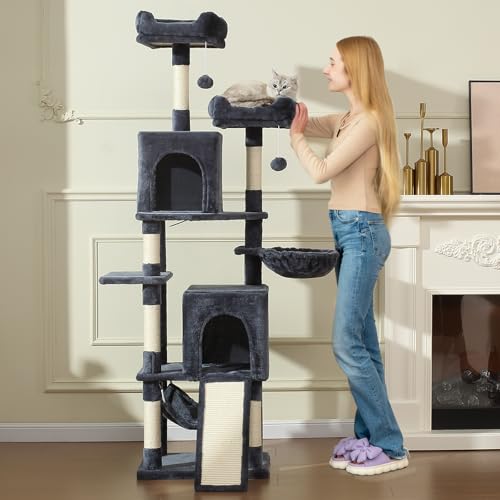 Cat Tree, 70-Inch Cat Tree Tower with Hammock, Scratching Post, Condo and Multi-Level Cat Tower, Large Cat Activity Center Playhouse, Light Gray LCT015