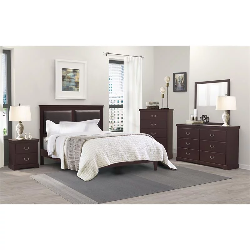 Pemberly Row Traditional Wood and Faux Leather Full Bed in Cherry