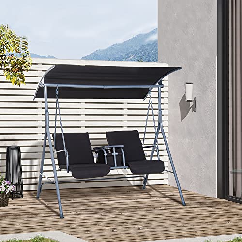 Outsunny 2 Person Porch Swing with Stand, Outdoor Swing with Canopy, Pivot Storage Table, 2 Cup Holders, Cushions for Patio, Backyard, Dark Blue