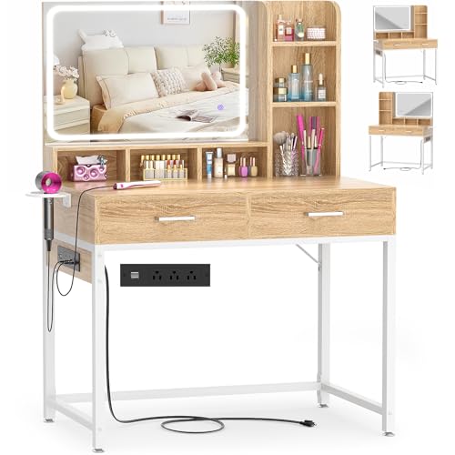 Small Vanity Desk, Vanity Desk with Mirror and Lights, Makeup Vanity Desks with Power Strip, Vanity Table with Drawers and Shelves, Adjustable Lighting, Dressing Table for Bedroom Dressing Room, Black