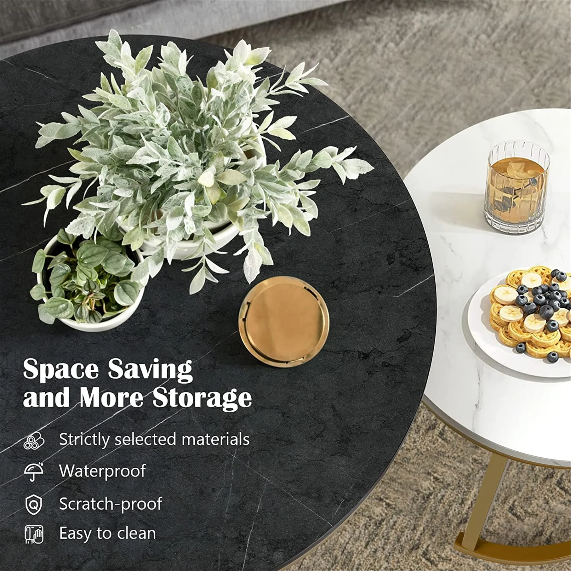 Modern Round Nesting Tables with Metal Frame (Set of 2) (White & Black)