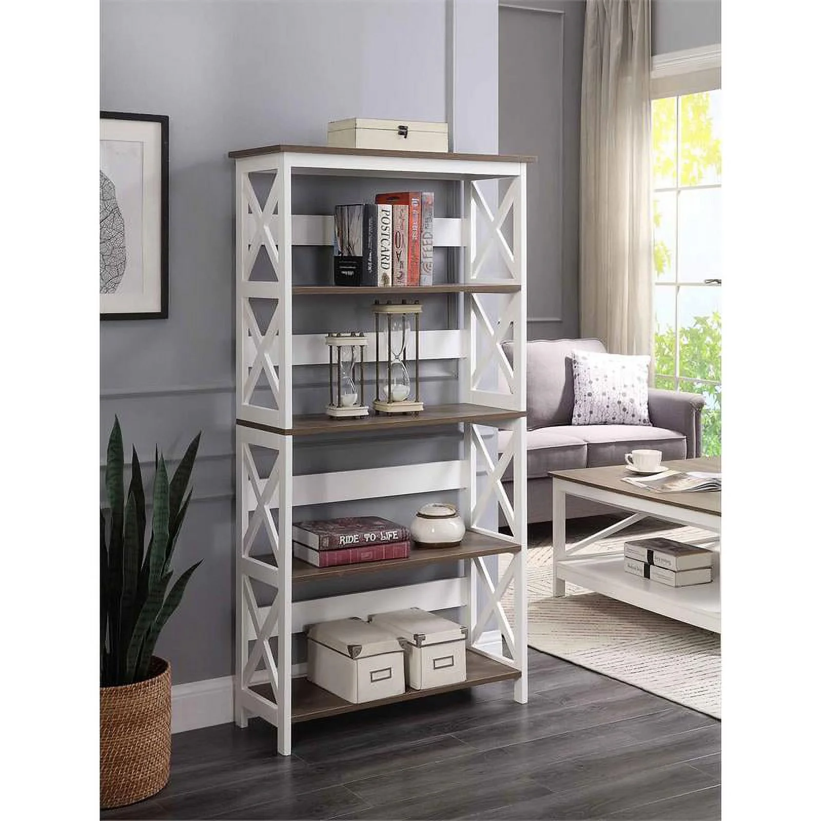 Home Square 5 Tier Shelf Wood Bookcase Set in White (Set of 2)