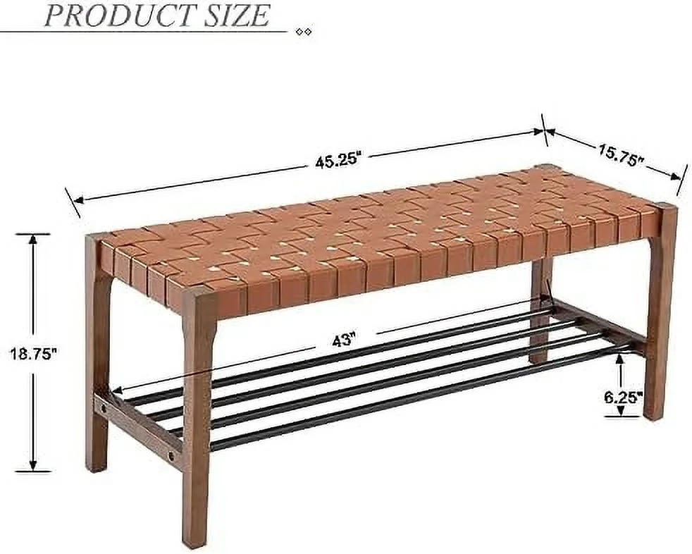Rustic Wood Entryway Bench 45 Inch Woven Bench  Indoor  Accent Bench with Faux Leather Strips & Metal Shoe Rack  Small Bench for Living Room/Bedroom/Hallway/Foyer/End of Bed  Brown