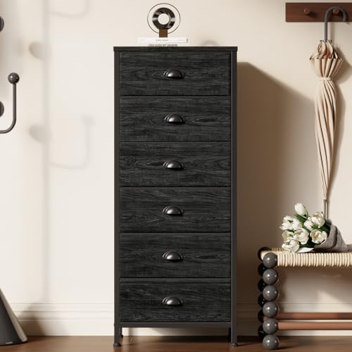Furnulem Bedroom Dresser, Tall Dressers & Chests of Drawers with 7 Fabric Bins, Black Dresser Organizer in Closet,Dorm,Living Room,Nursery,Hallyway-Storage Tower Unit Sturdy Steel Frame, Black Oak