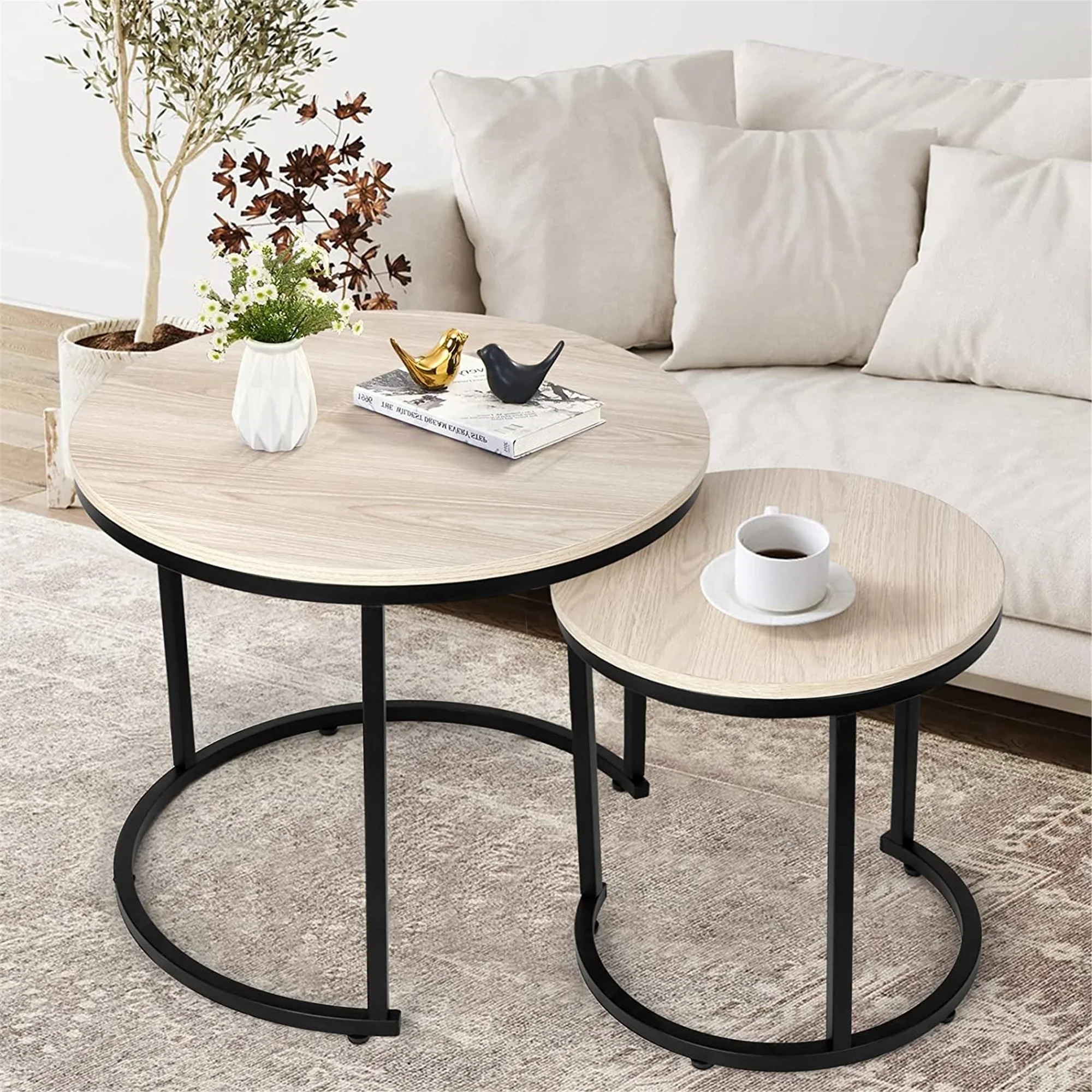 Modern Round Nesting Tables with Metal Frame (Set of 2) (White & Black)