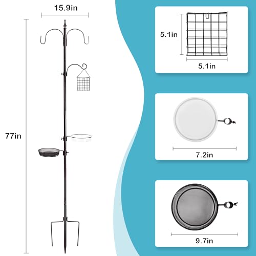 6-Hook Bird Feeding Station Kit, Wild Bird Feeder Stand Pole, Multi-Feeder Kit Stand with 4 Feeders, Bird Bath and Mesh Tray, 94 Inch