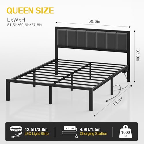 OLEVS Full Bed Frame with Headboard Metal Platform Bed Full Size with USB Charging Station and LED Lights, No Box Spring Needed