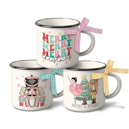 Merry Christmas Nutcracker Mini Coffee Mug Set of 3, White Xmas Tree 5 oz Mini Coffee Cups for Tiered Tray Decor, Winter Holiday Kitchen Coffee Bar Decorations Housewarming Gift