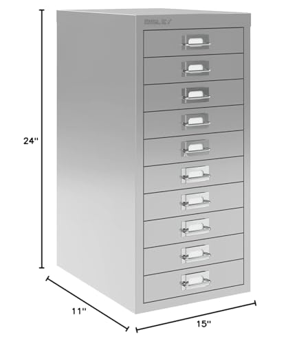 Bisley 10-Drawer Steel MultiDrawer Cabinet - Black, Chrome Pull Handles with Label Holders, Powder-Coated Steel, Removable Drawers, Fits Under Most Desks, Labels Included