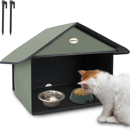 Dreyoo Outdoor Cat Feeding Station for Food & Water, Weatherproof Outdoor Kitty Dining Room Cat Shelter for Stray, Feral Cats and Community Cats, 13”d x 17”w x 15.5'h(Dusty Blue)