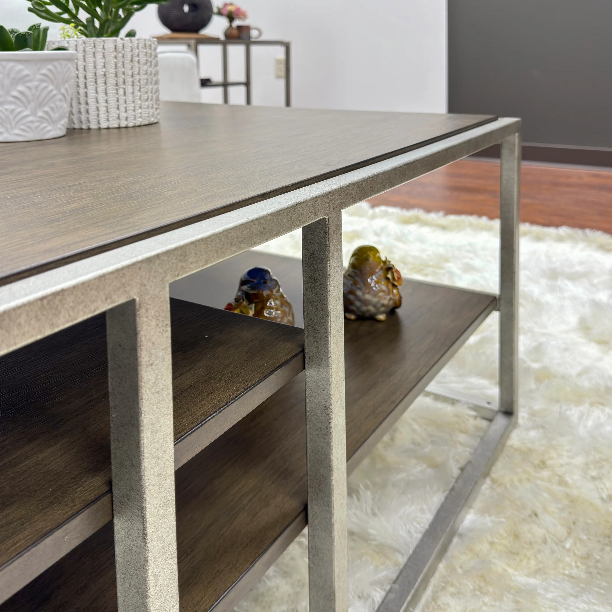 Roundhill Furniture Wood/Metal Padena Coffee Table with Shelf in Graphite Gray