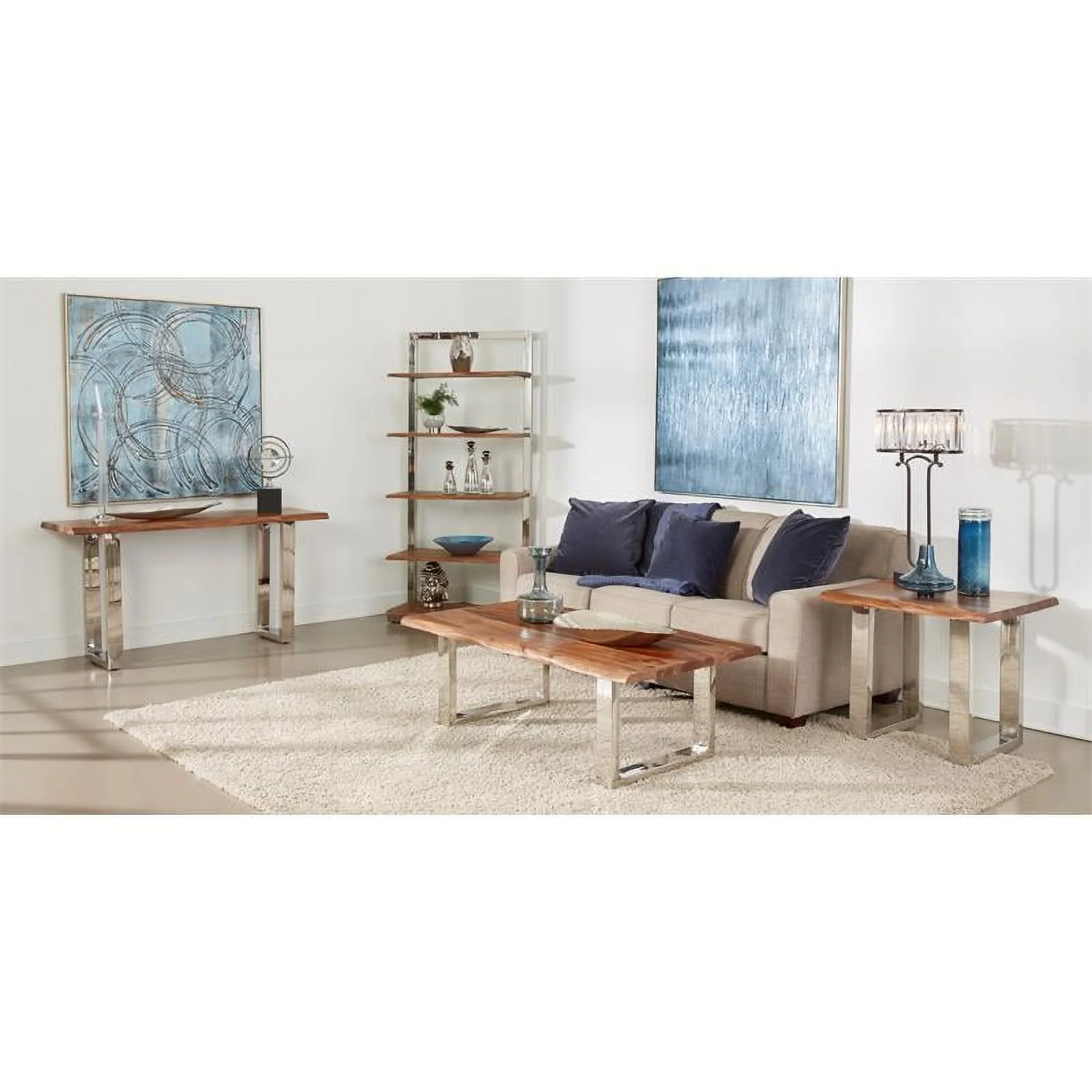 Pemberly Row Brownstone 2 Wood Console Table w/ Brown Top/Chrome base