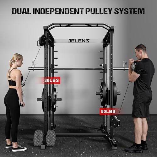 M21 Smith Machine, Multi-Function Power Cage with Dual Pulley Cable Crossover System, 2000LBS All-in-One Squat Rack with Smith Bar and Attachments