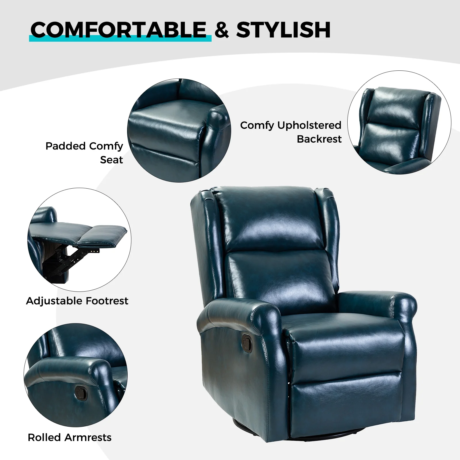 Faux Leather Recliner Manual Swivel Nursery Armchair Metal Base Wingback Home Living Room Turquoise