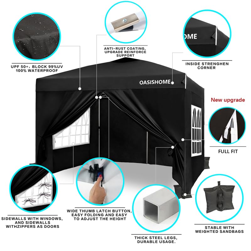OASISHOME Pop-up Gazebo Instant Portable Canopy Tent 10'x10', with 4 Sidewalls, Windows, Wheeled Bag, for Patio/Outdoor/Wedding Parties and Events (10FTx10FT, Black)