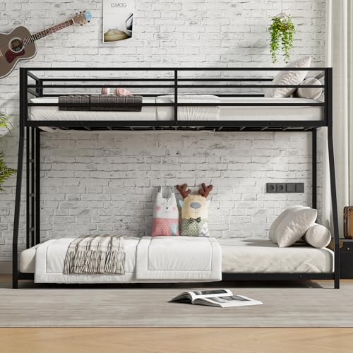 Heavy Duty Bunk Bed Frame with Ladder, Twin XL Over Twin XL Bunk Beds with Safety Guardrails, Adults Bunk Beds with Noise-Reducing Rubber Stoppers, Easy Assemble, Black