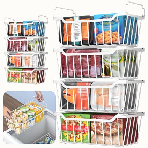Goovilla Freezer Organizer Bins with Foldable Handle, 4 Pack Stackable Freezer Baskets for 3.5-7 Cu.FT Deep Chest Freezer Organization, Coated Metal Freezer Storage Bins with Better Space Utilization