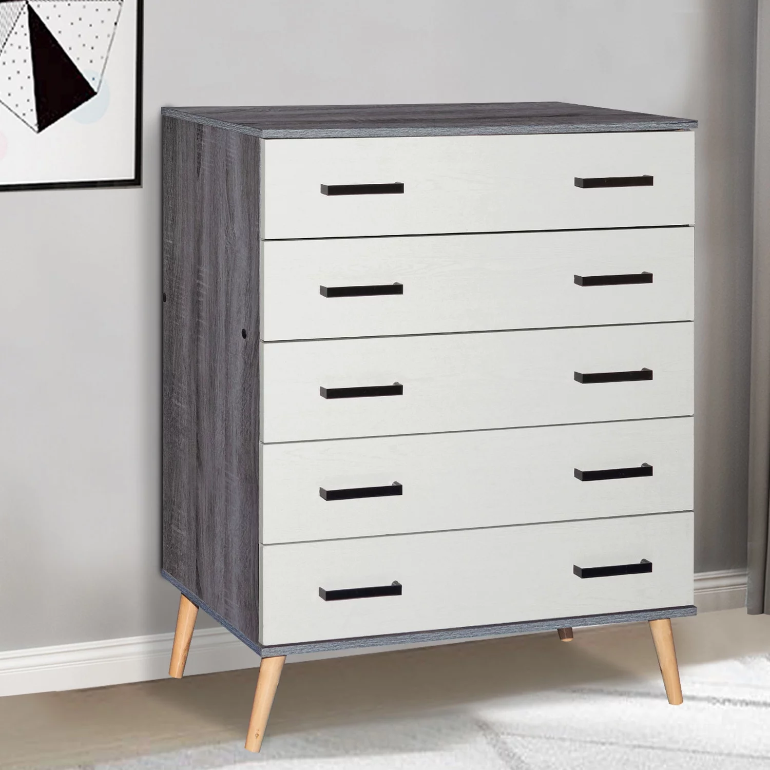 Better Home Products Chest Five Drawer with Pine Legs in Gray and Silver Oak Finish.