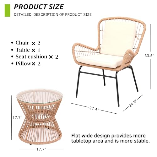 3 Piece Rattan Patio Bistro Set,Outdoor Wicker Furniture with 2 Chairs and Glass Top Table,Boho Style Patio Set for Small Spaces,Balconies,Decks,and Gardens,Comfortable Durable Outdoor Bistro Chairs