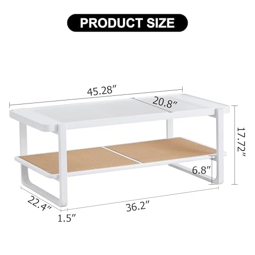 Rattan Coffee Table with Tempered Glass Top, Rectangle Coffee Table for Living Room with Imitation Rattan Storage Shelf