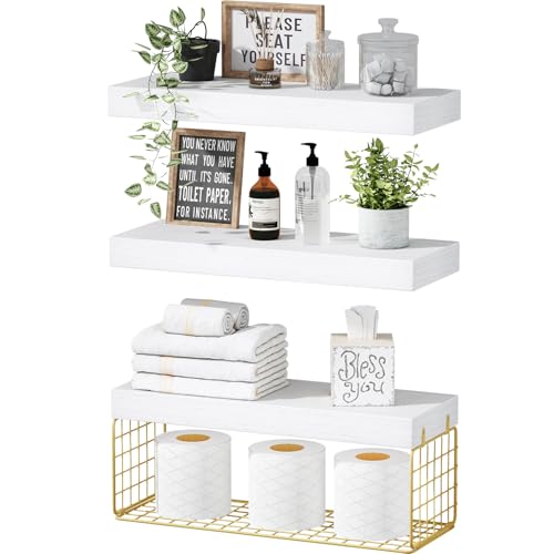 QEEIG Bathroom Shelves Over Toilet - Wall Mounted Floating Shelves Toilet Paper Storage Small Farmhouse Decor Shelf 16 inch Set of 3, Rustic Brown (019-BN3)