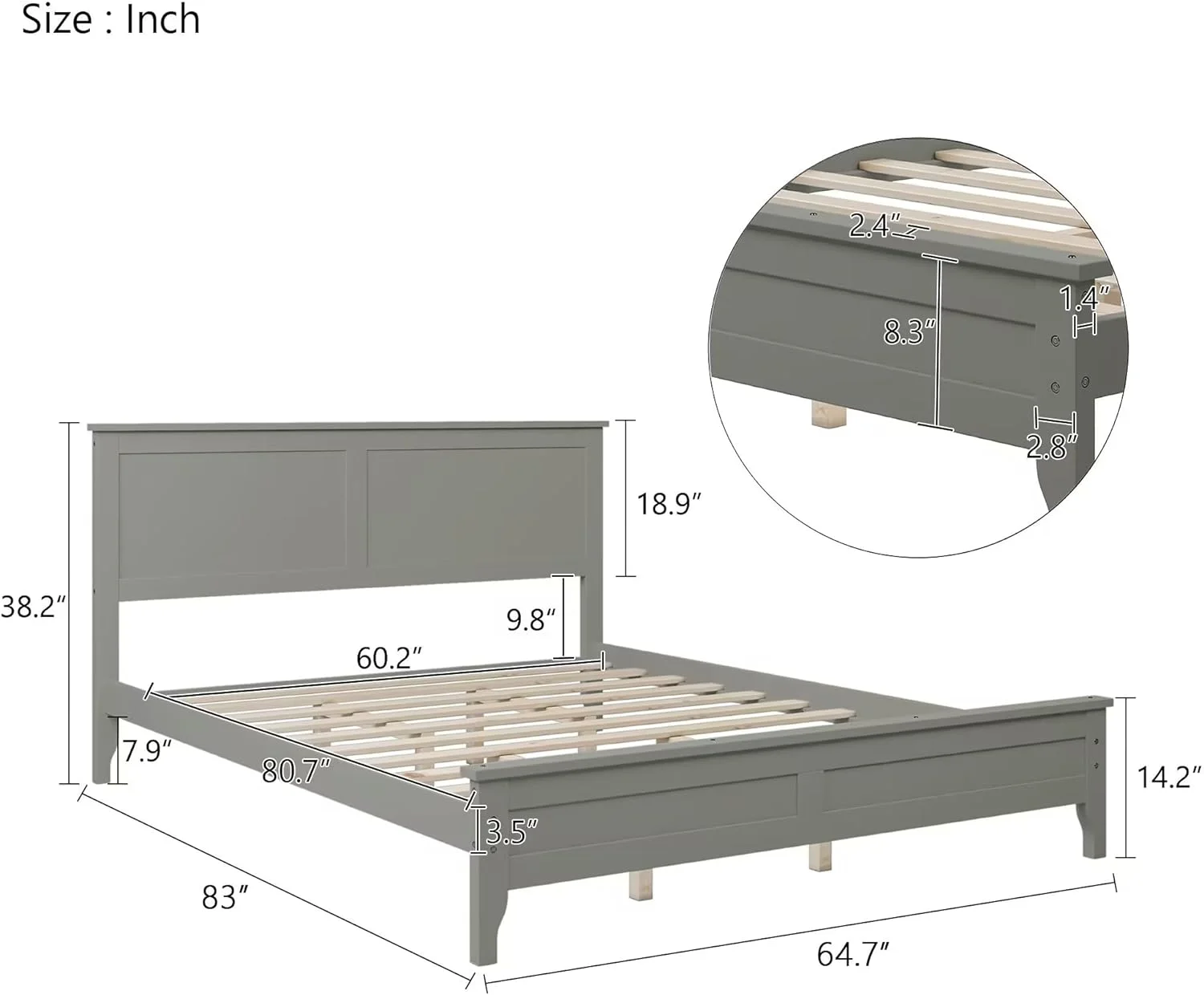 Quee Platform Bed Frame With Headboard/Solid Wood Foudatio With Wood Slat Support/o Box Sprig eeded/Easy Assembly, Rustic Pie (Quee Size, Gray)