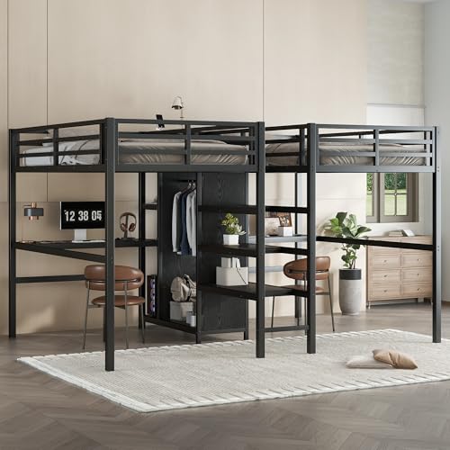 Twin Over Twin Metal Loft Bed with Desk and Wardrobe for 2 Kids,Twin Size Heavy Duty Double Loft Bed Frame with Charging Station and Shelves for Boys,Girls,Adults,Woodgrain
