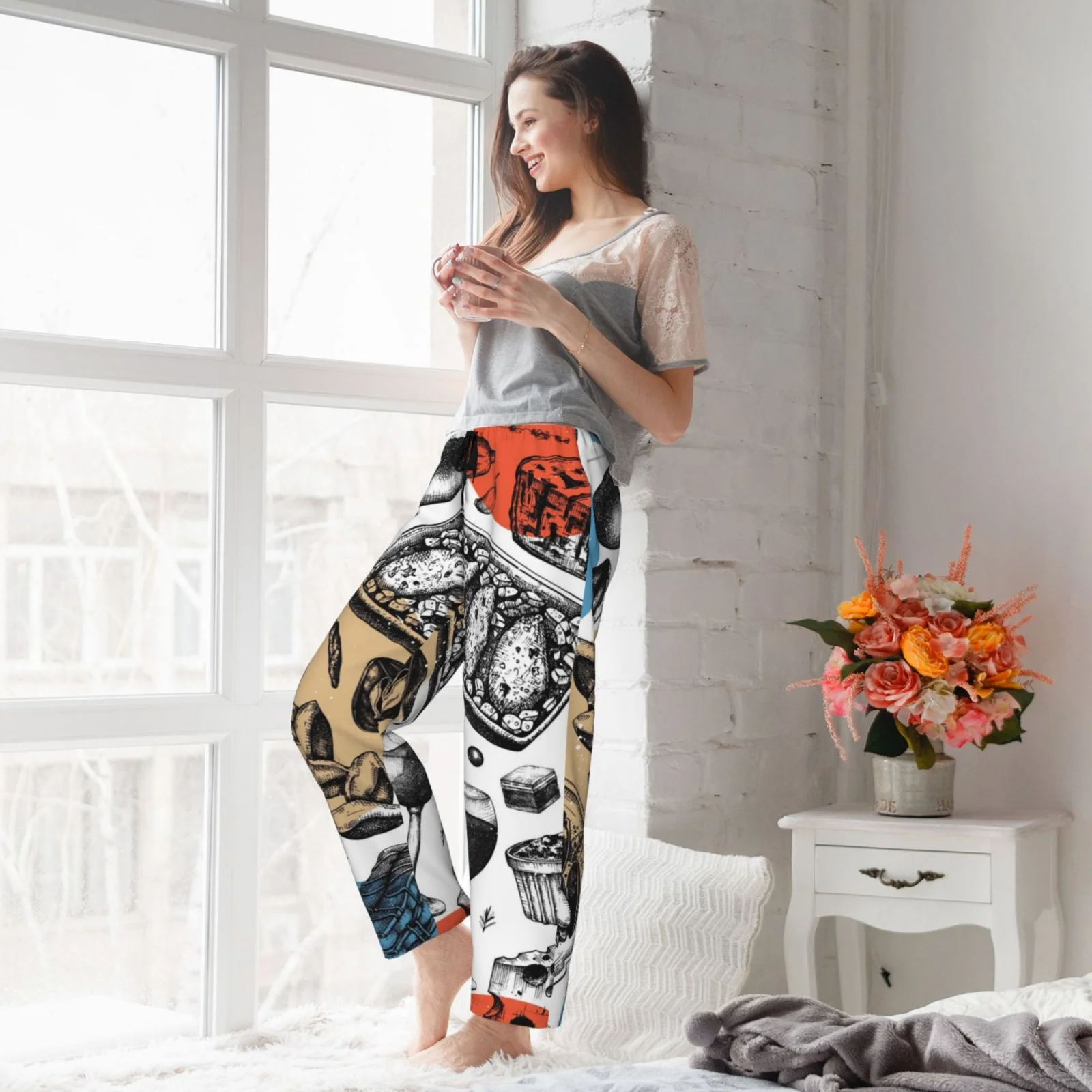 Junzan French Food Women'S Pajama Pants Drawstring Comfy Sleep Bottoms With Pockets