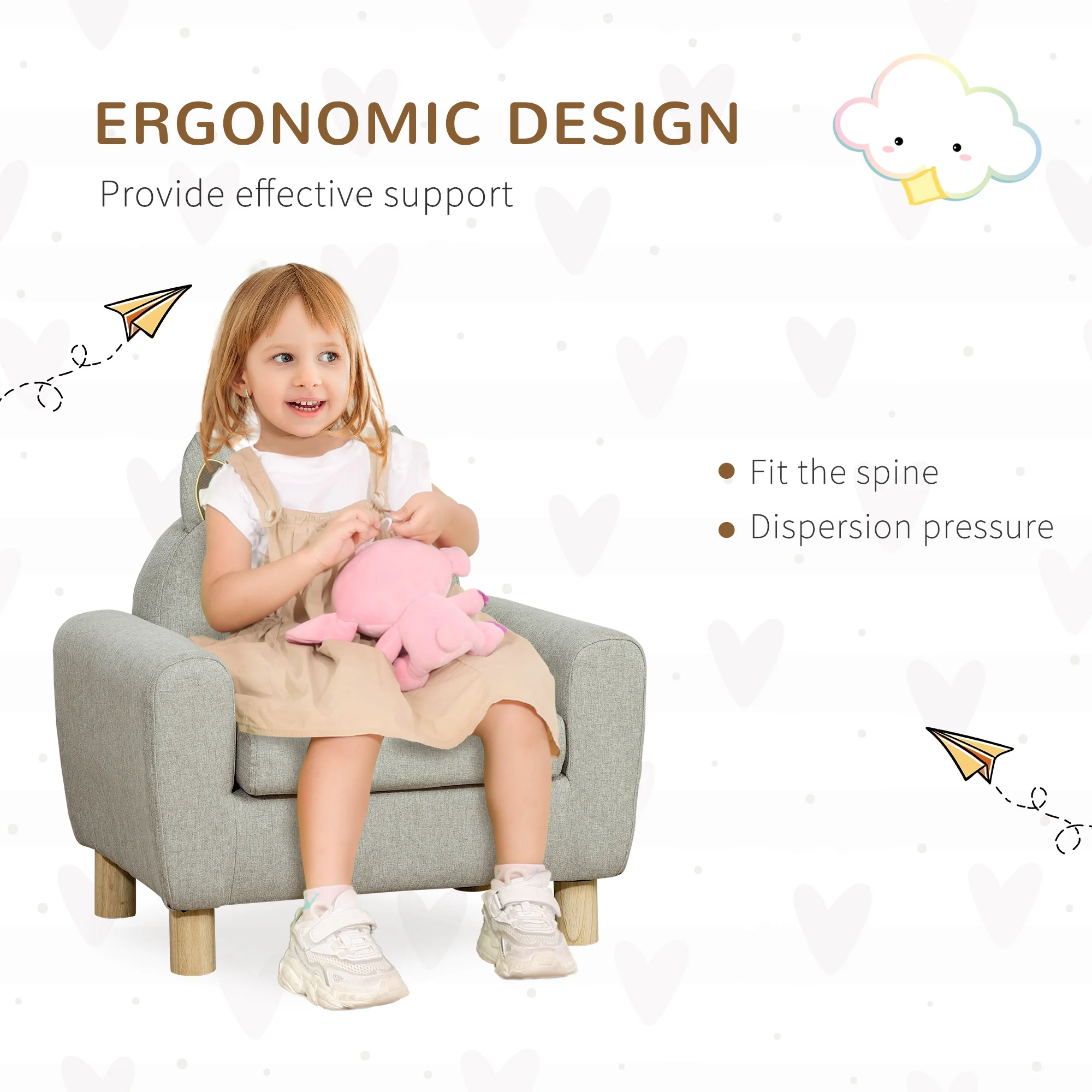 Qaba Kids Sofa, Toddler Armchair and Couch with Cat Ear Backrest and Wooden Legs Preschool, Bedroom, Kindergarten, Grey