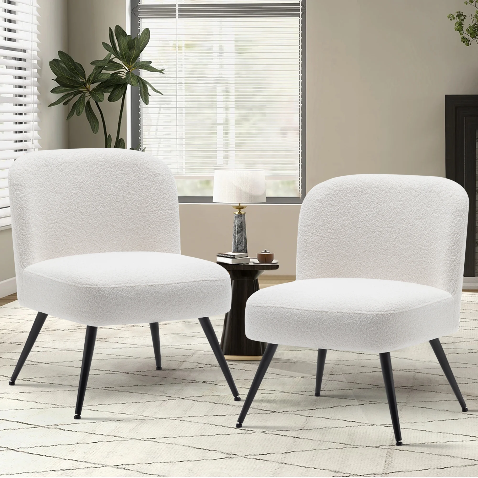 Andeworld Modern Accent Chairs Faux Leather Accent Chairs for Living Room Set of 2 Upholstered Living Room Chairs Large Seat with Metal Legs(White, Set of 2)
