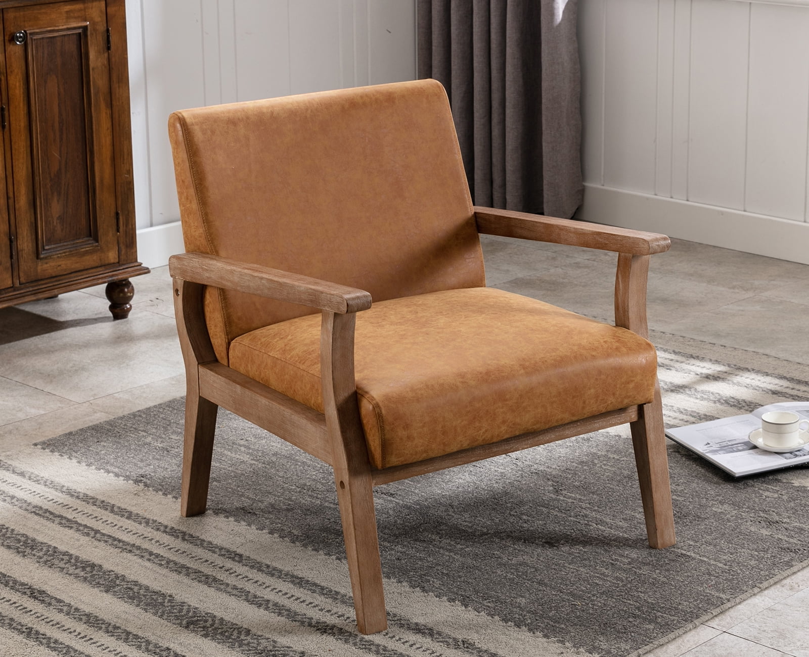 Guyou Wooden Accent Chair, Modern Faux Leather Upholstered Reading Armchair for Living Room Bedroom Study, Tan