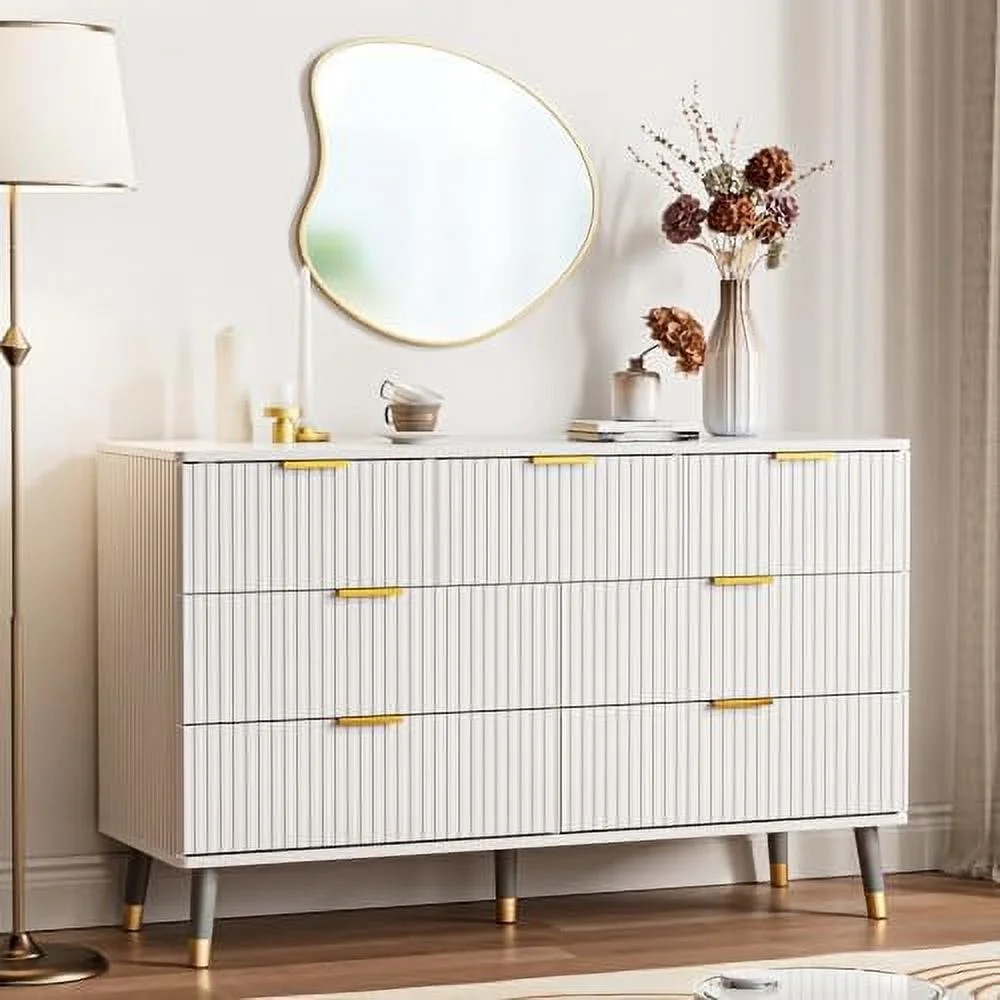 7 Drawer Dresser for Bedroom  Fluted White and Gold Dresser with Curved Profile Design   Dresser Wood  Dressers & Chests of Drawers for Closet  Bedroom  Hallway