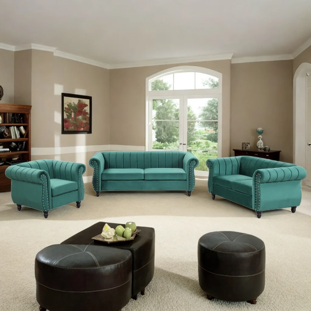 Modern Three-Piece Sofa Set with Solid Wood Legs, Buttoned Tufted backrest, Frosted Velvet upholstered Sofa Set Three-Seater Sofa, Double Seater and Living Room Furniture Set Single Chair (Green)