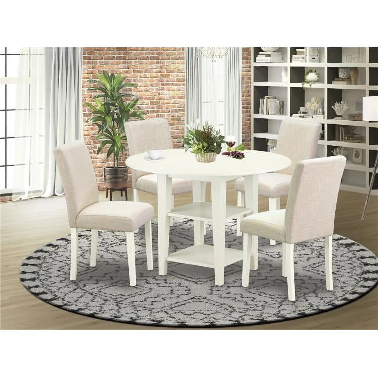 20-42 in. Sudbury Round Dining Room Table with Two 11 in. Drop Leaves & Four Parson Chair with Linen White Leg & Linen Fabric - Light Beige, 5 Piece