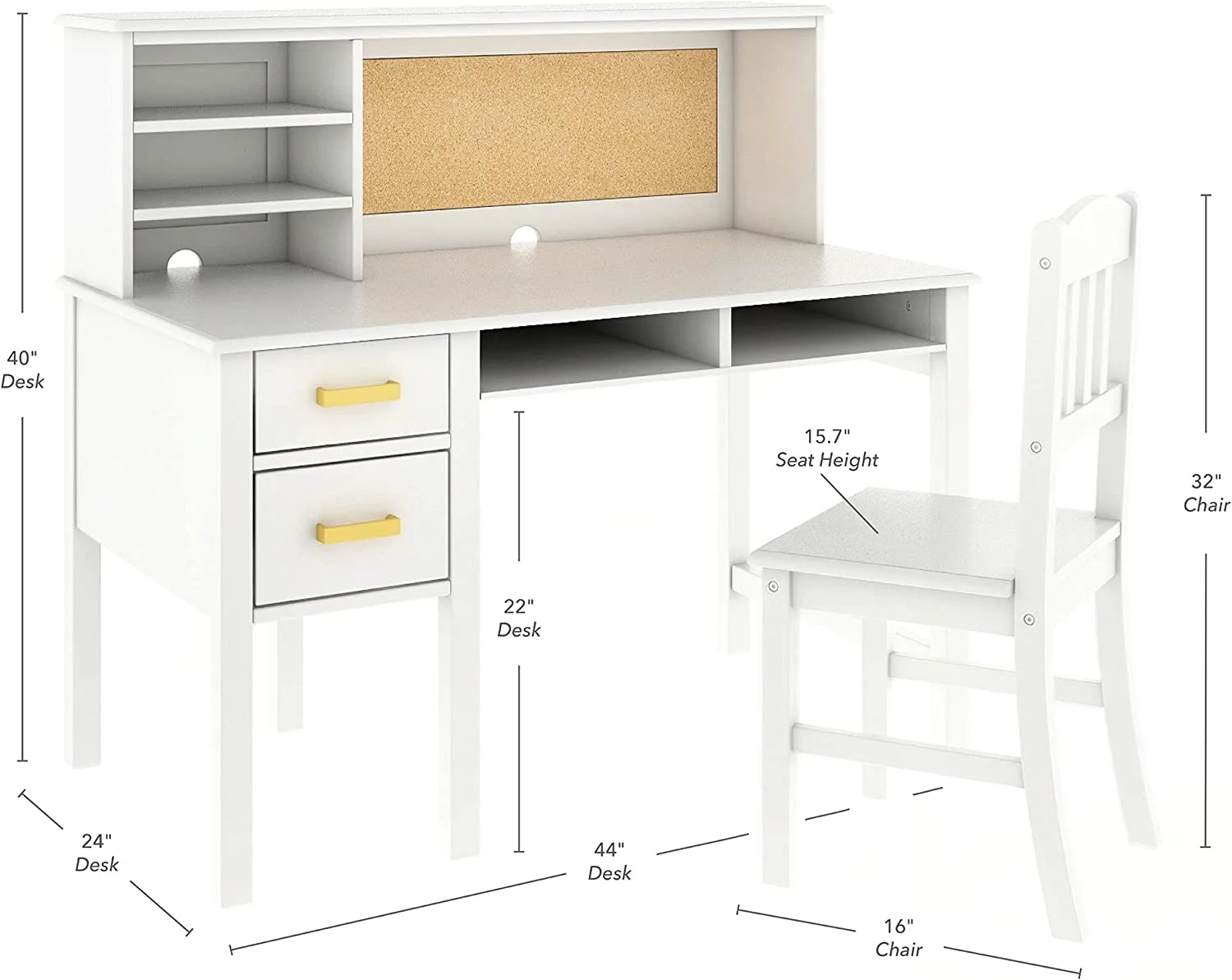 Taiga Desk, Hutch and Chair - White: Student's Study Computer Workstation with Multiple Storage Cubbies & Two Spacious Drawers