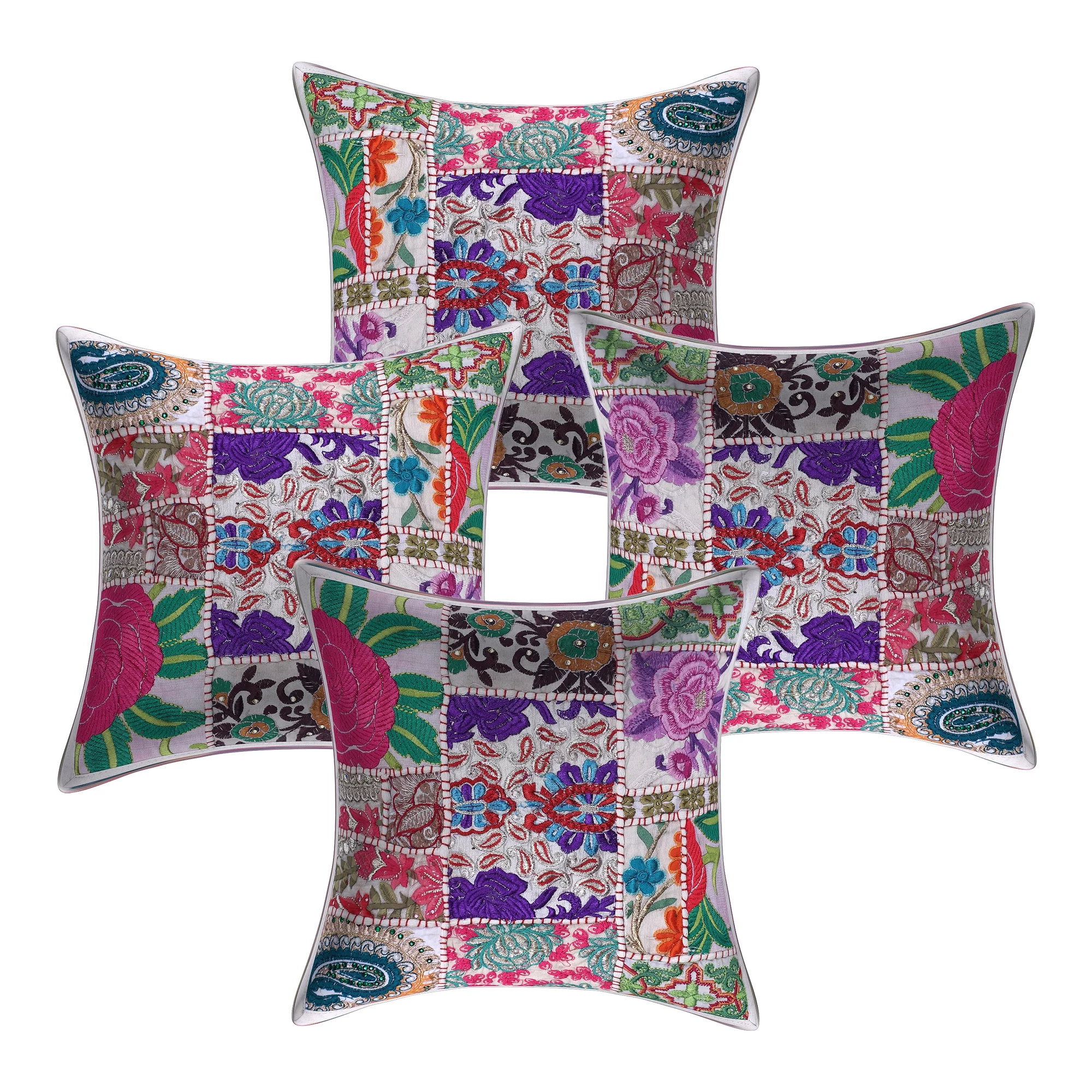 Stylo Culture Indian Cotton Living Room Throw Pillow Sham Covers White 12x12 Bohemian Vintage Patchwork Indian Couch Cushion Covers 30 x 30 cm Decorative Abstract Square Pillowcases | Set Of 4