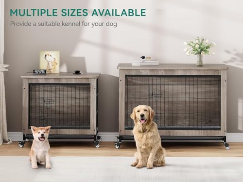 YITAHOME Dog Crate Furniture with Cushion, Kennel with Wheels, End Table with Tray, 27